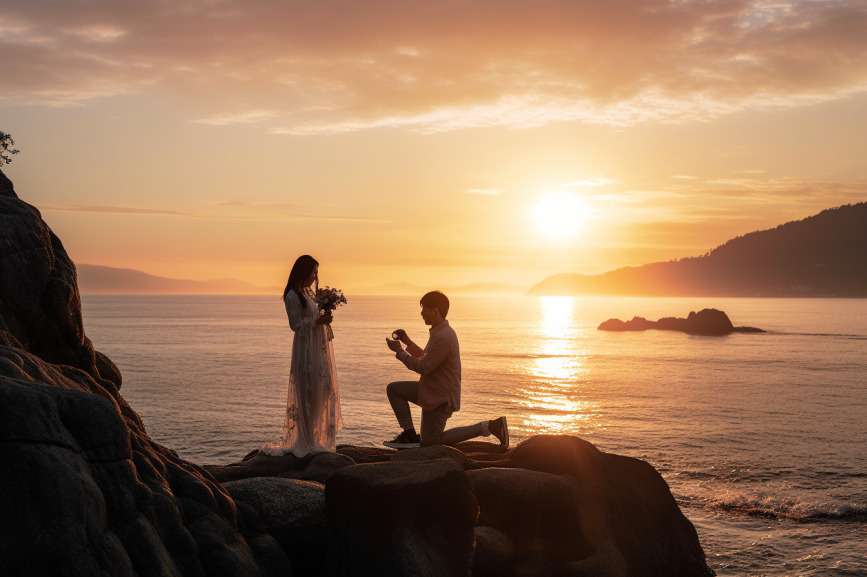 プロポーズをしている写真、夕日、夕焼け、海岸、海岸でプロポーズ