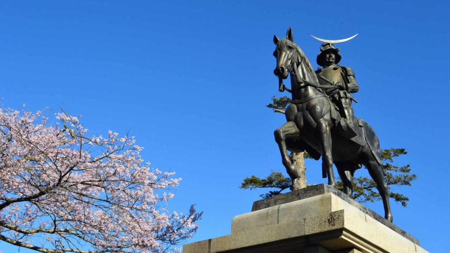 仙台の青葉城址にある伊達政宗公の騎馬像と桜の木の写真
