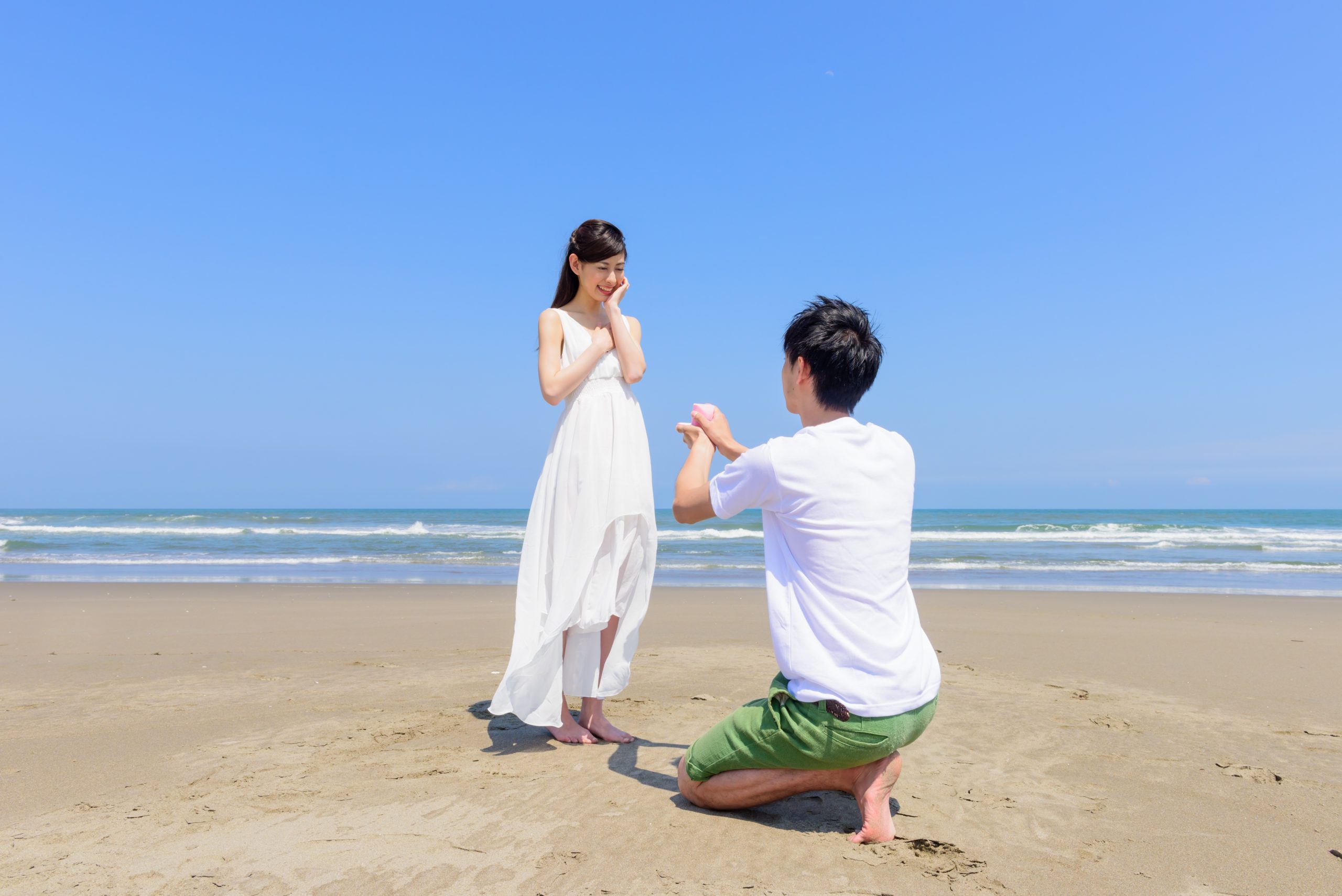 海辺で男性が女性に婚約指輪を渡しながらプロポーズしている写真