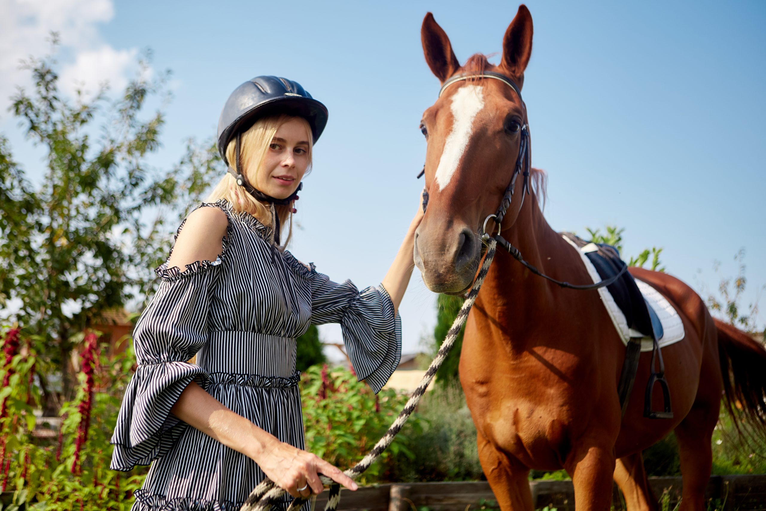 外国人の女性と馬の写真