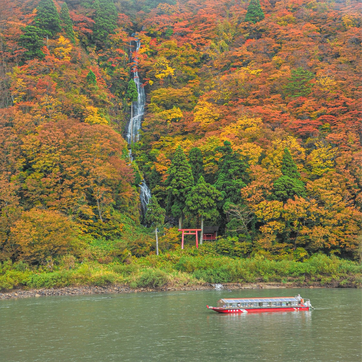 山形県の白糸の滝と紅葉の写真