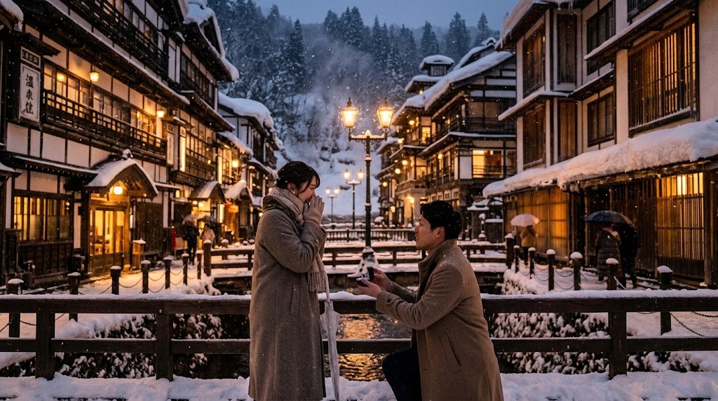 銀山温泉でプロポーズしている写真