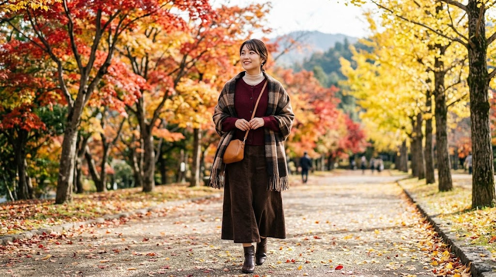 秋のけやき通りを散策している女性