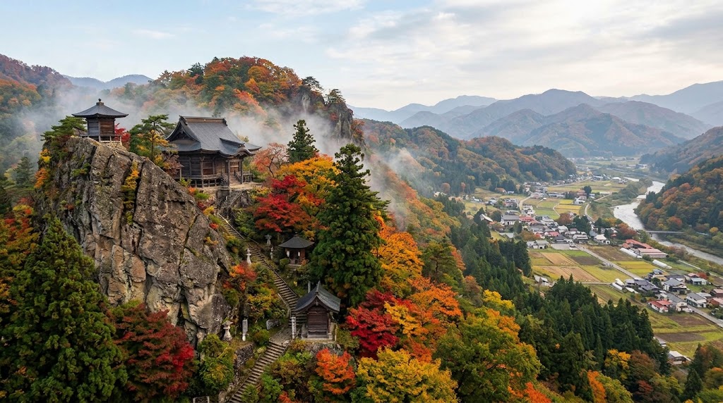 山寺と紅葉の写真